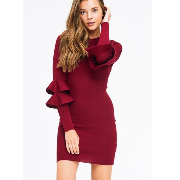 LAST 2! Red Ruffle Sleeve Knit Bodycon Dress - Picture 3 of 8